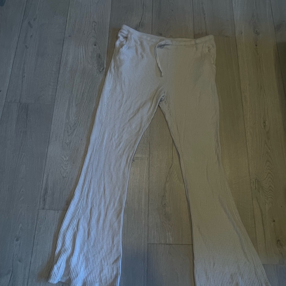 Cream Ribbed Flare Pants